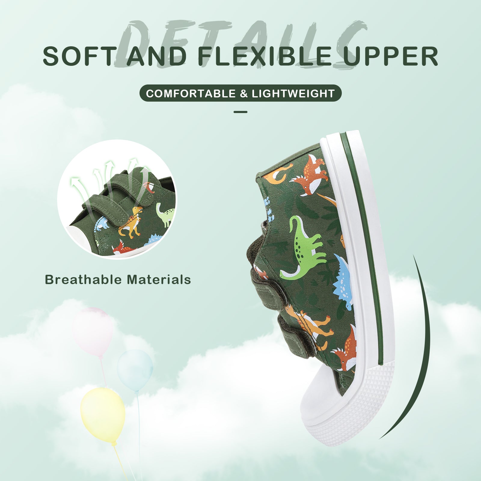 Children's dinosaur-patterned shoes with text about soft and flexible upper, comfortable & lightweight design, and breathable materials.