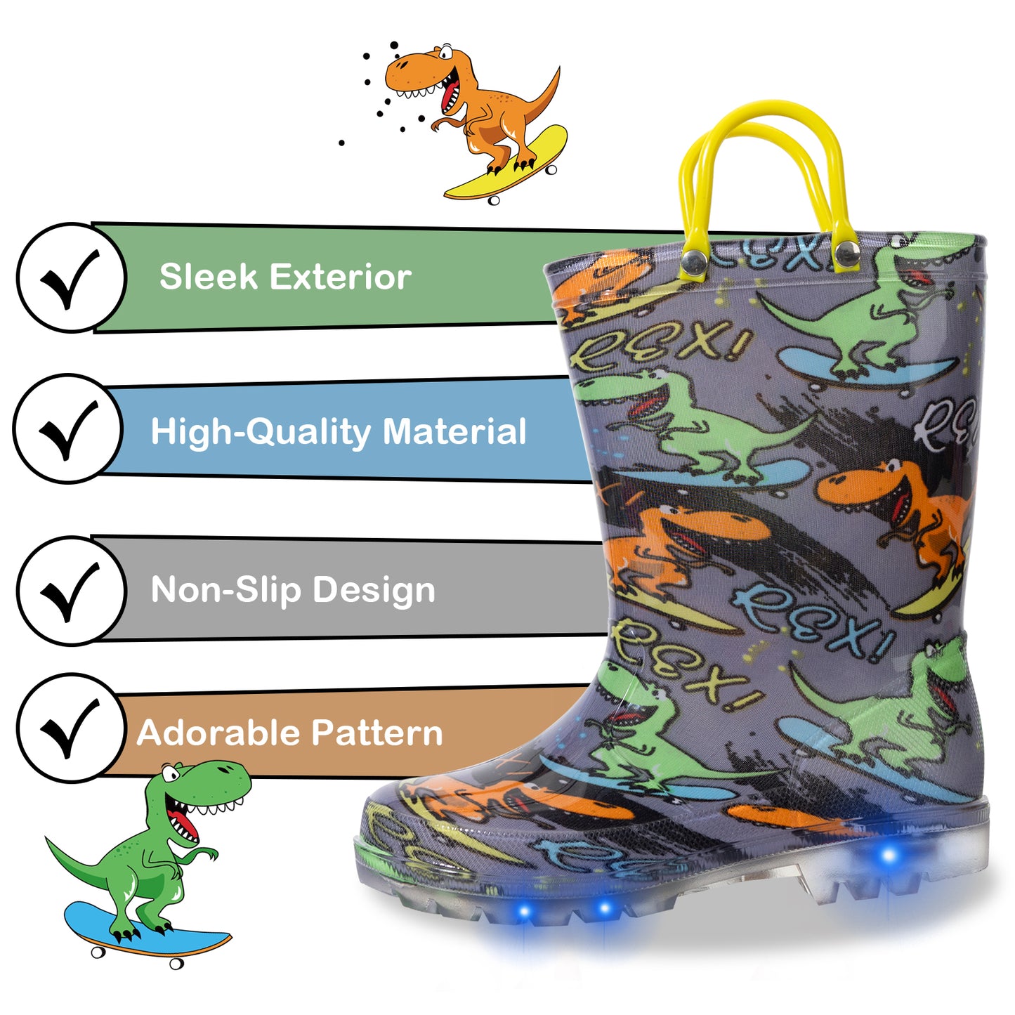 children's rain boots with dinosaur pattern and led lights, featuring checkmarks and text about product features.