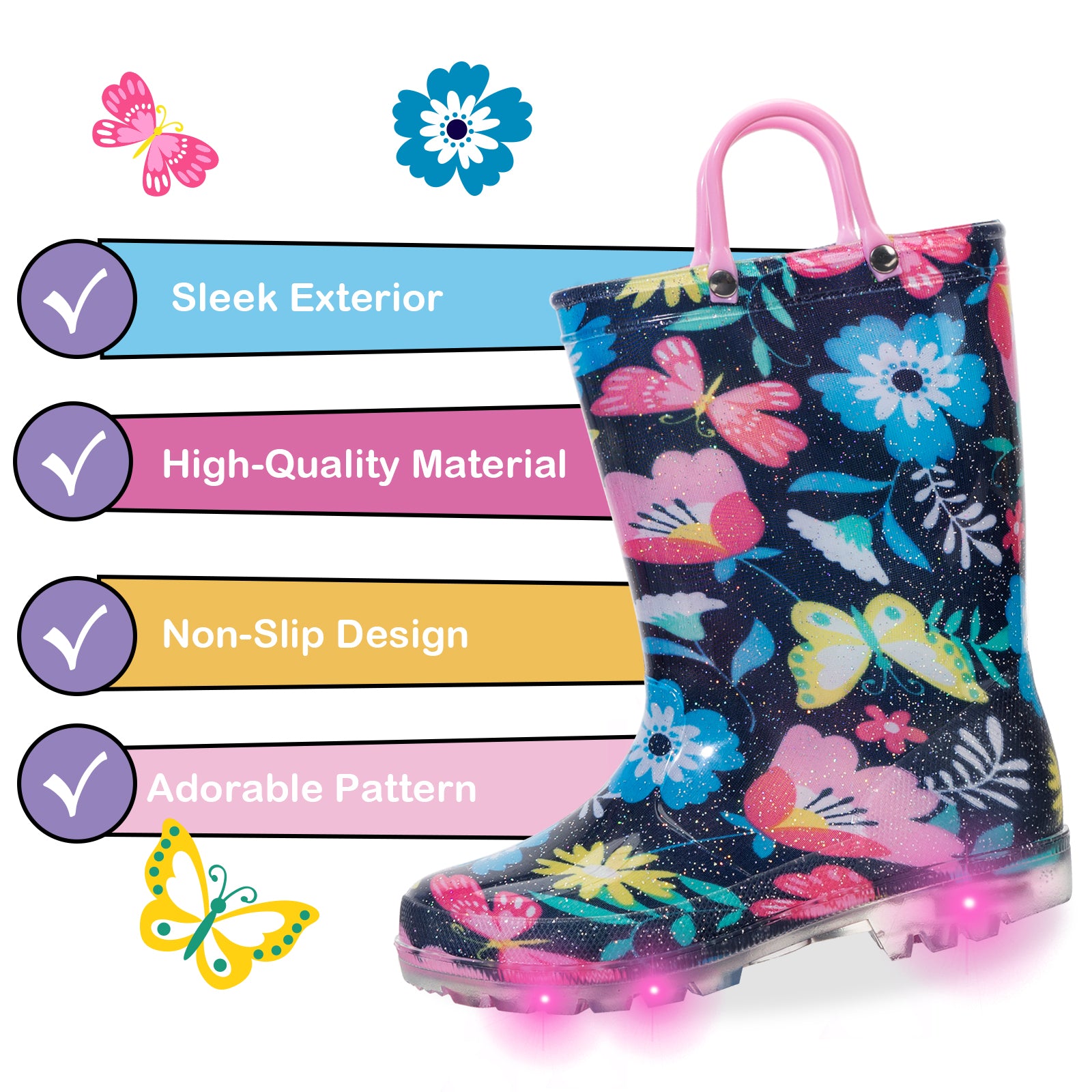 Floral-patterned rain boot with LED lights on a white background, featuring checkmarks and icons.