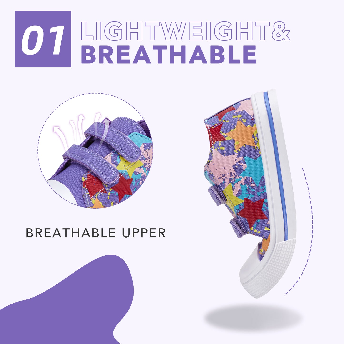 colorful star-patterned shoe with a focus on breathability on a light purple background