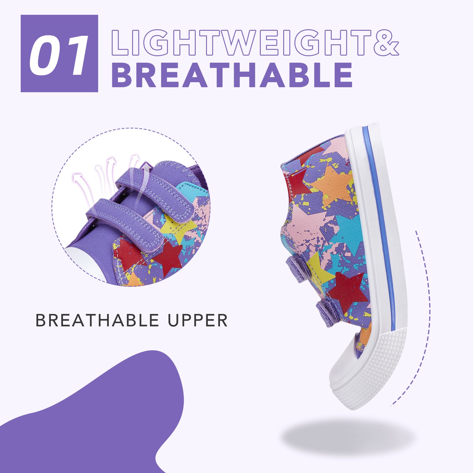 Colorful star-patterned shoe with a focus on breathability on a light purple background