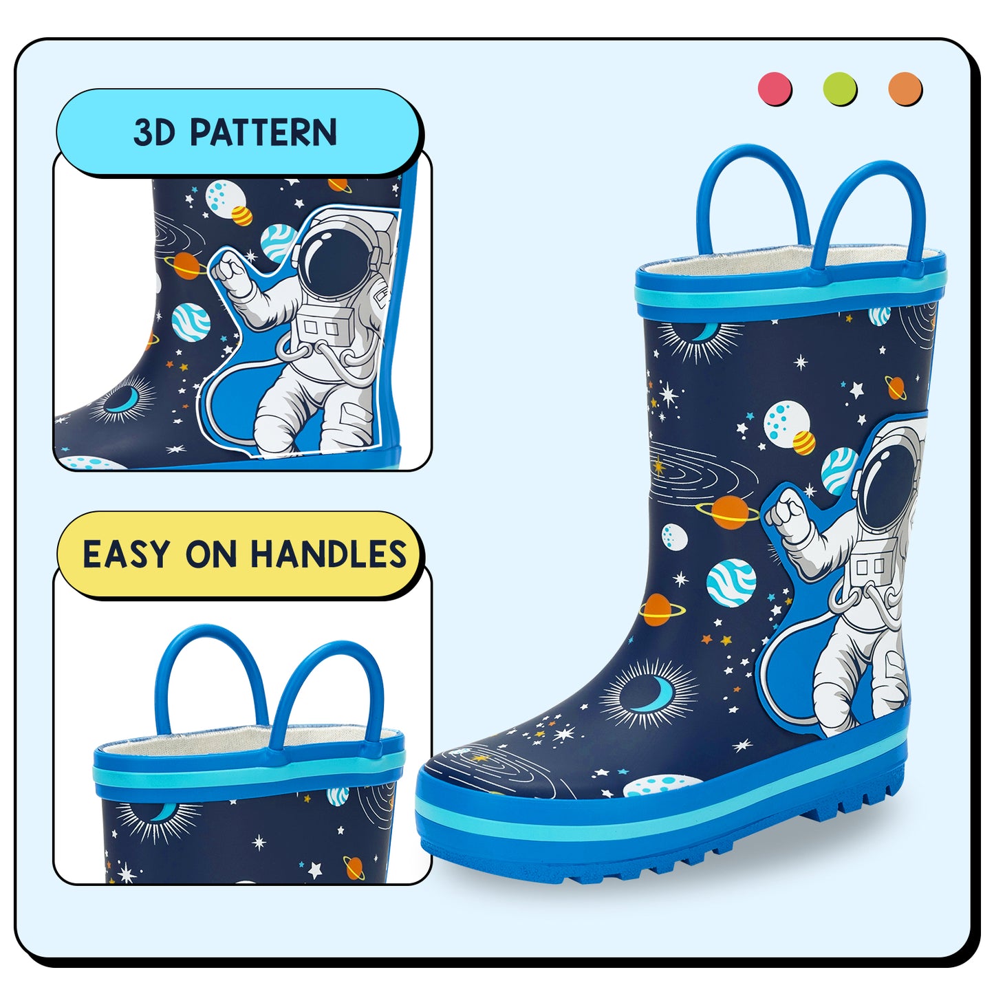 children's rain boots with space-themed design and easy-on handles on a light blue background.