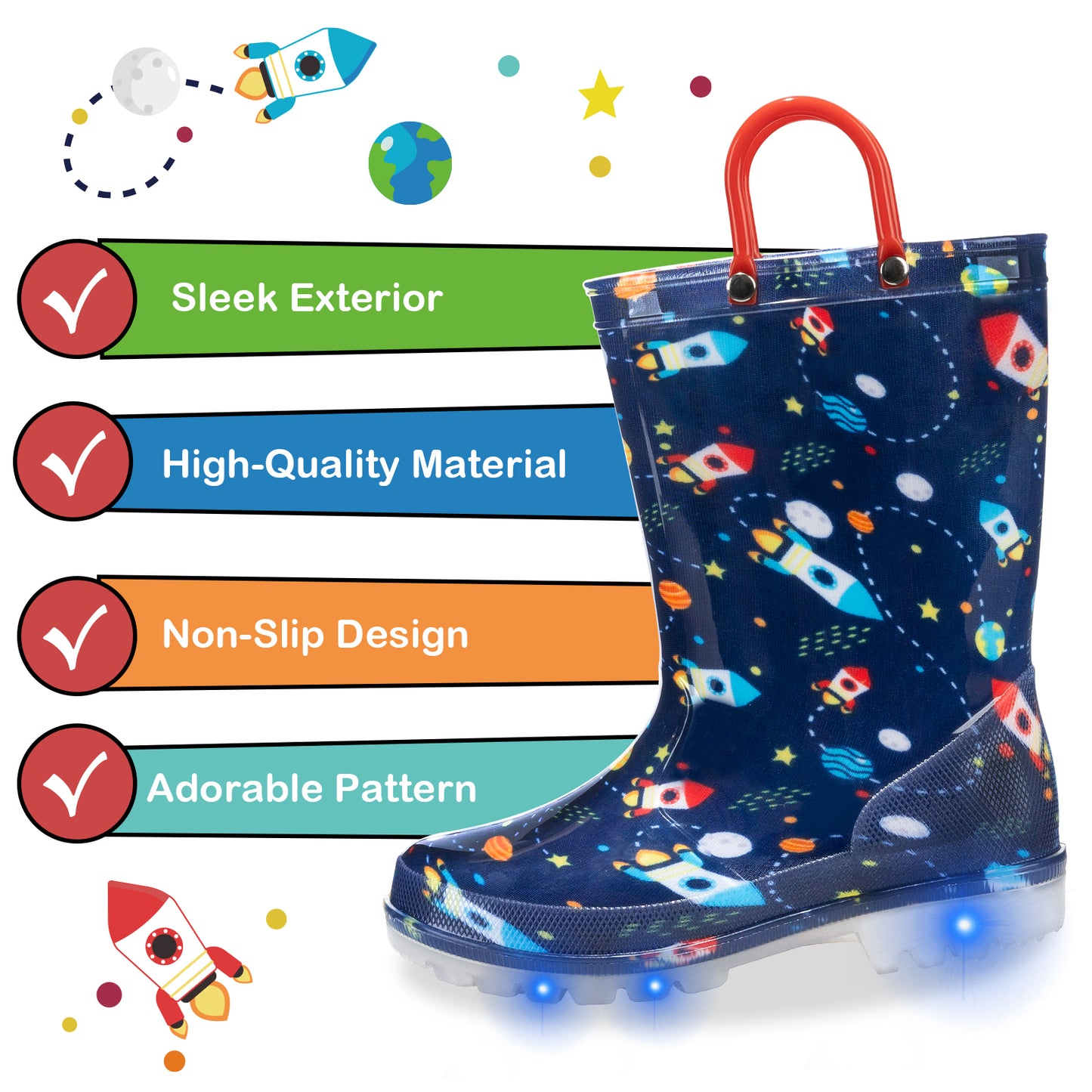 red and blue rocket light up waterproof rain boots