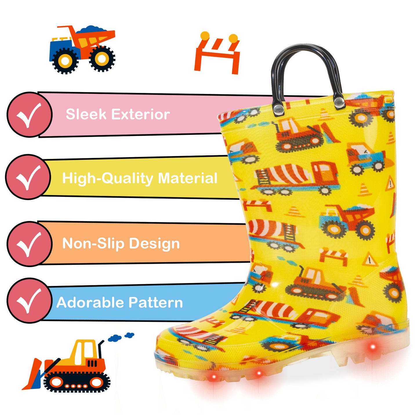 yellow rain boot with construction vehicle pattern on a white background