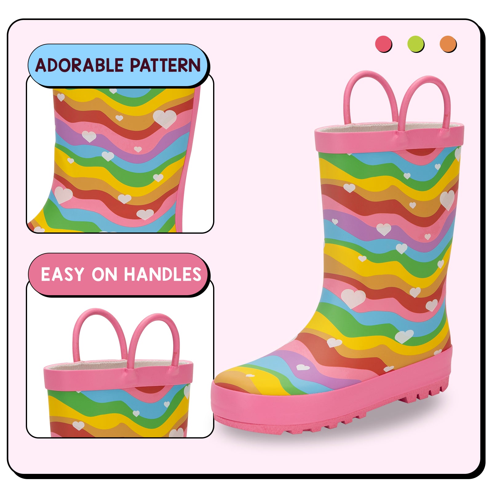 Colorful children's rain boots with pink handles on a light pink background