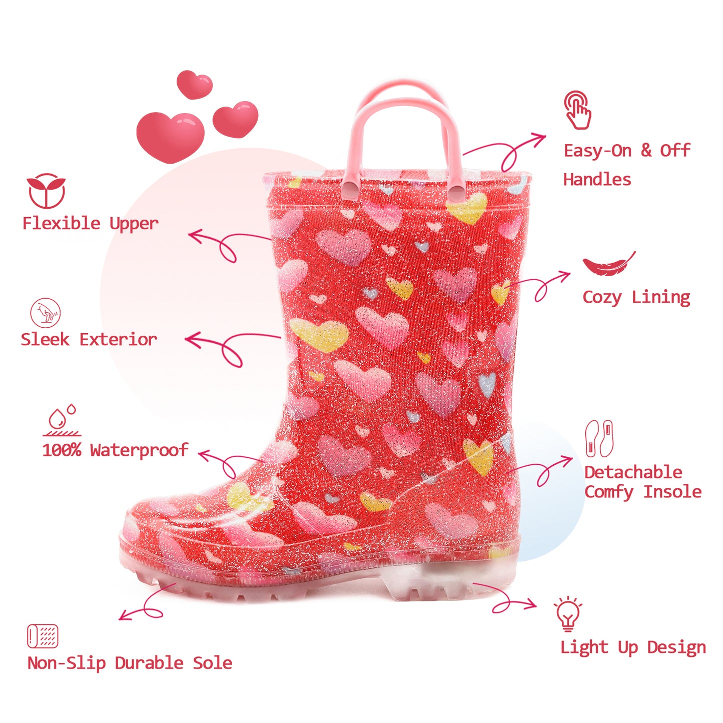 light up kids rain boots with handles - funcoo