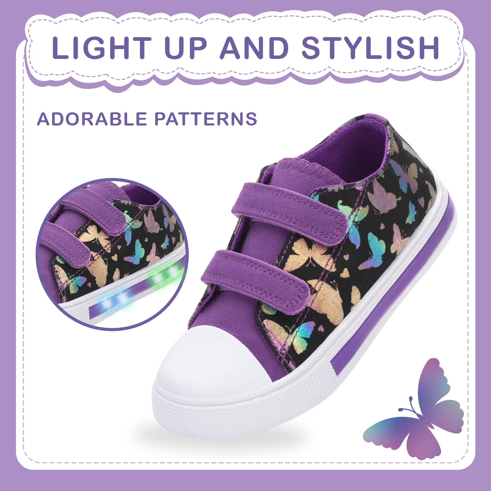 Purple children's sneaker with butterfly pattern and LED lights on a purple background