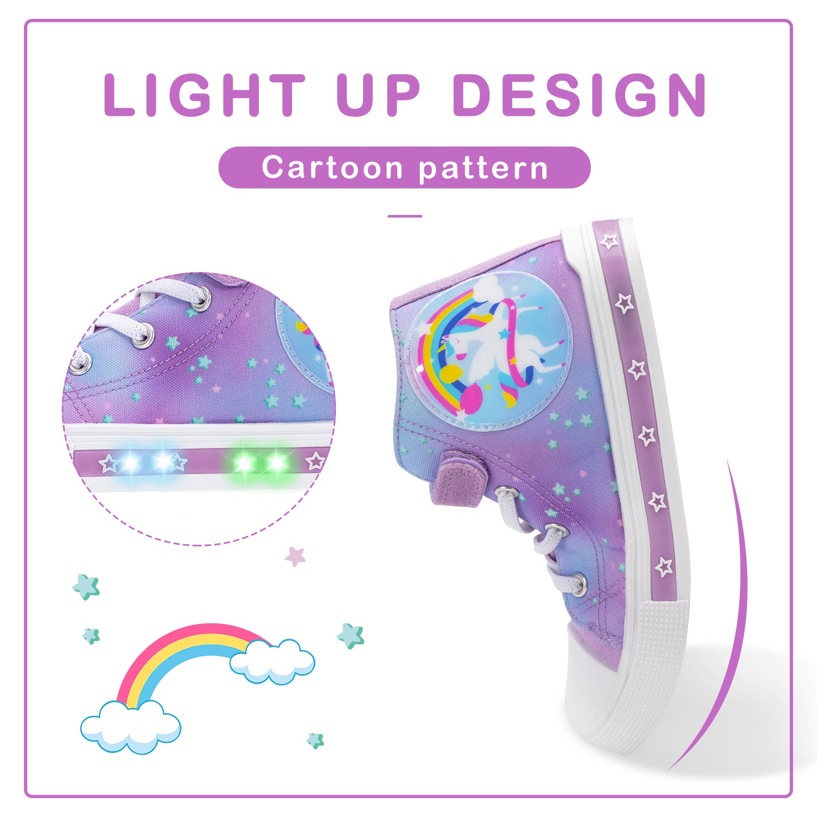Purple shoe with cartoon design and light-up feature on a white background