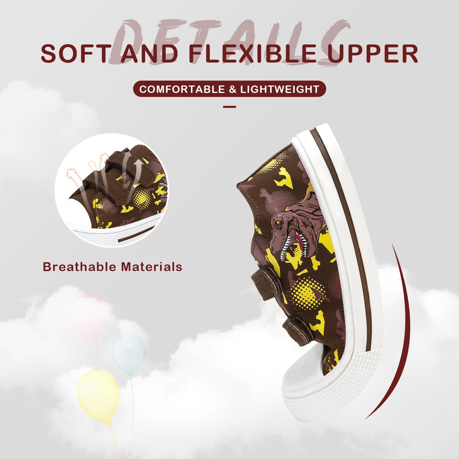 Children's dinosaur-themed shoes with text highlighting soft and flexible upper, comfortable & lightweight, and breathable materials.