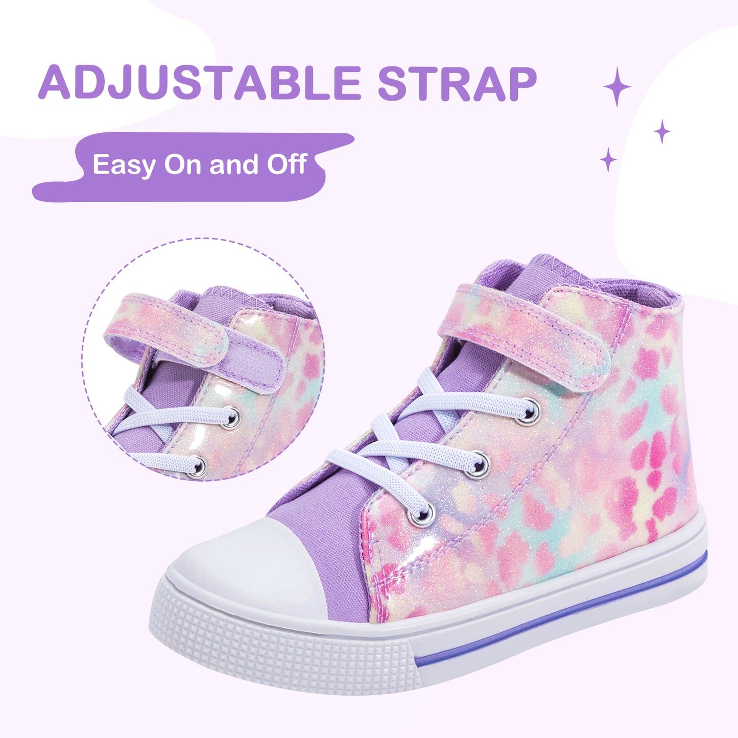 pink and purple tie-dye high-top sneaker with adjustable strap on a white background
