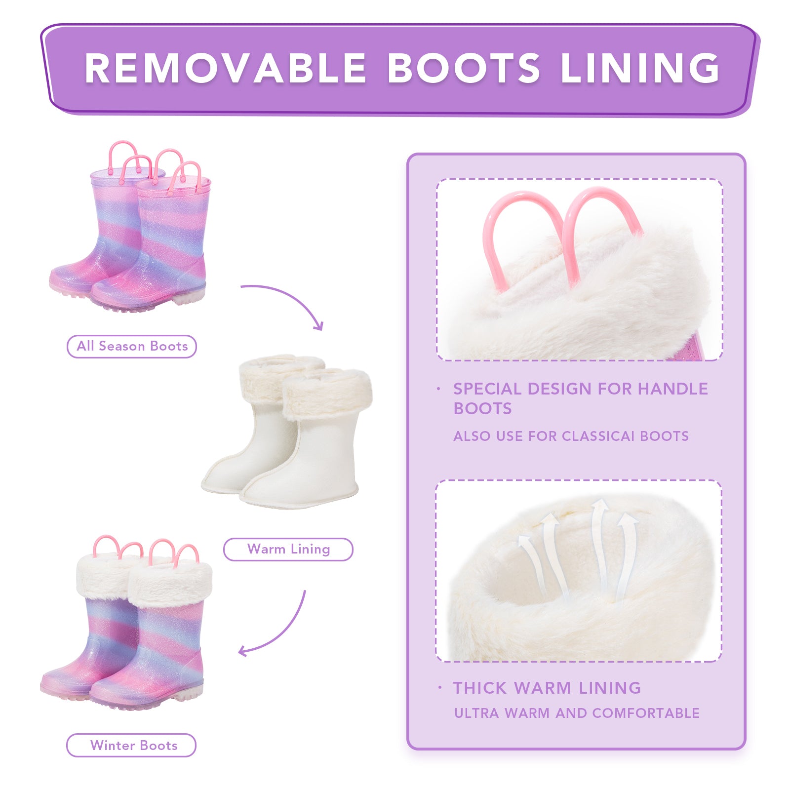 Kid Toddler Warm Rain Boots Purple Vermicelli