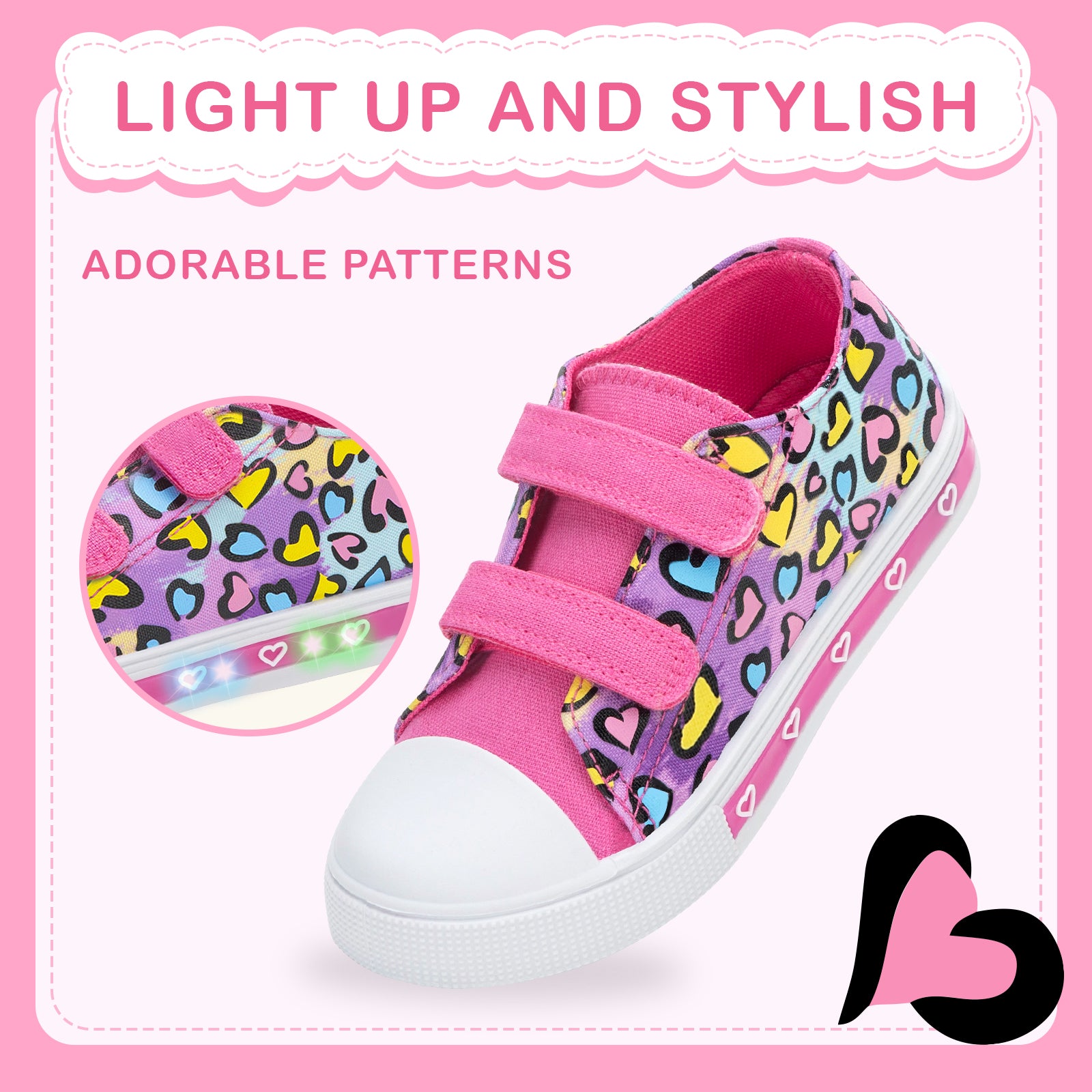 Pink children's sneaker with colorful pattern on a pink background