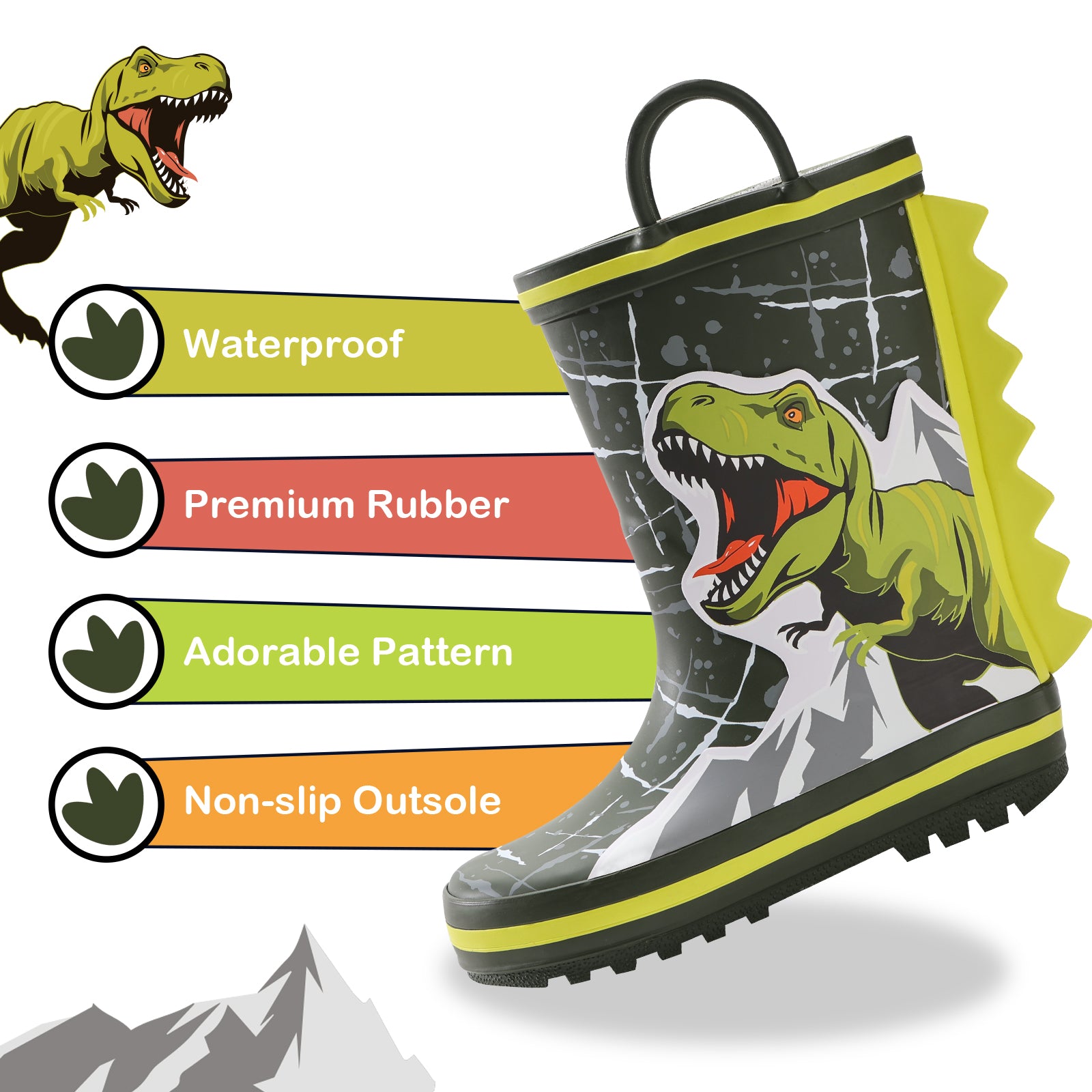 Children's rain boot with dinosaur design on a white background