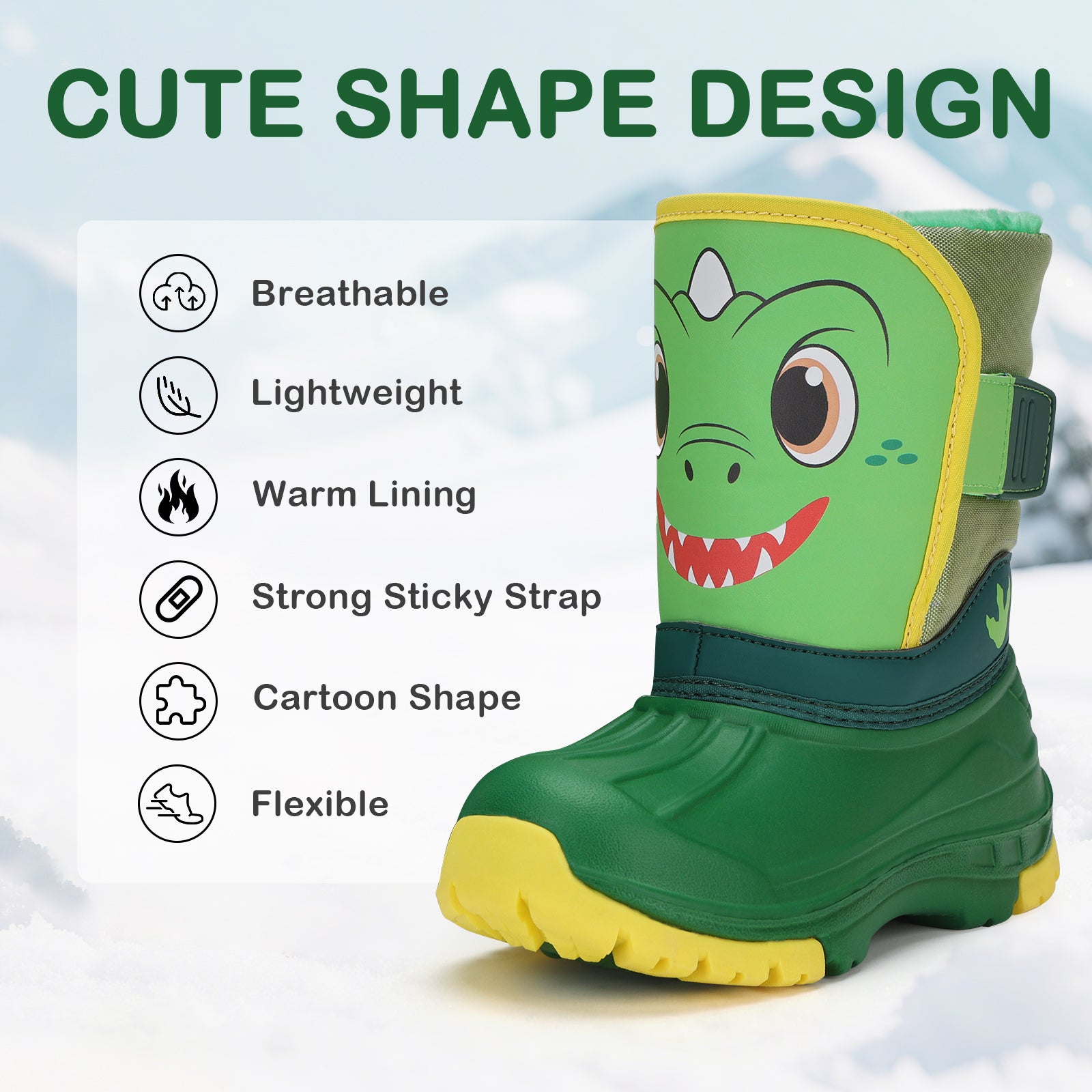 Toddler Boy Green Dinosaur Winter Snow Boots - FUNCOO