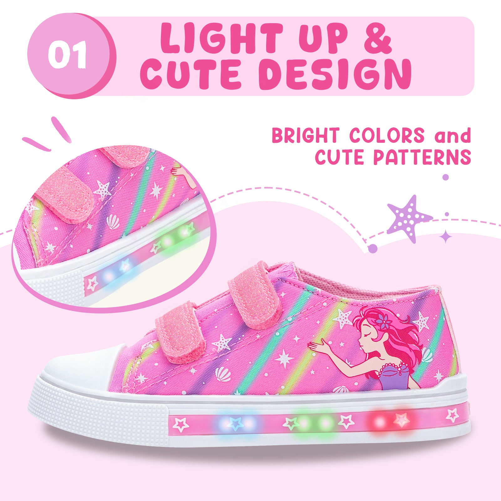 Pink children's shoe with mermaid design and light-up feature on a pink background