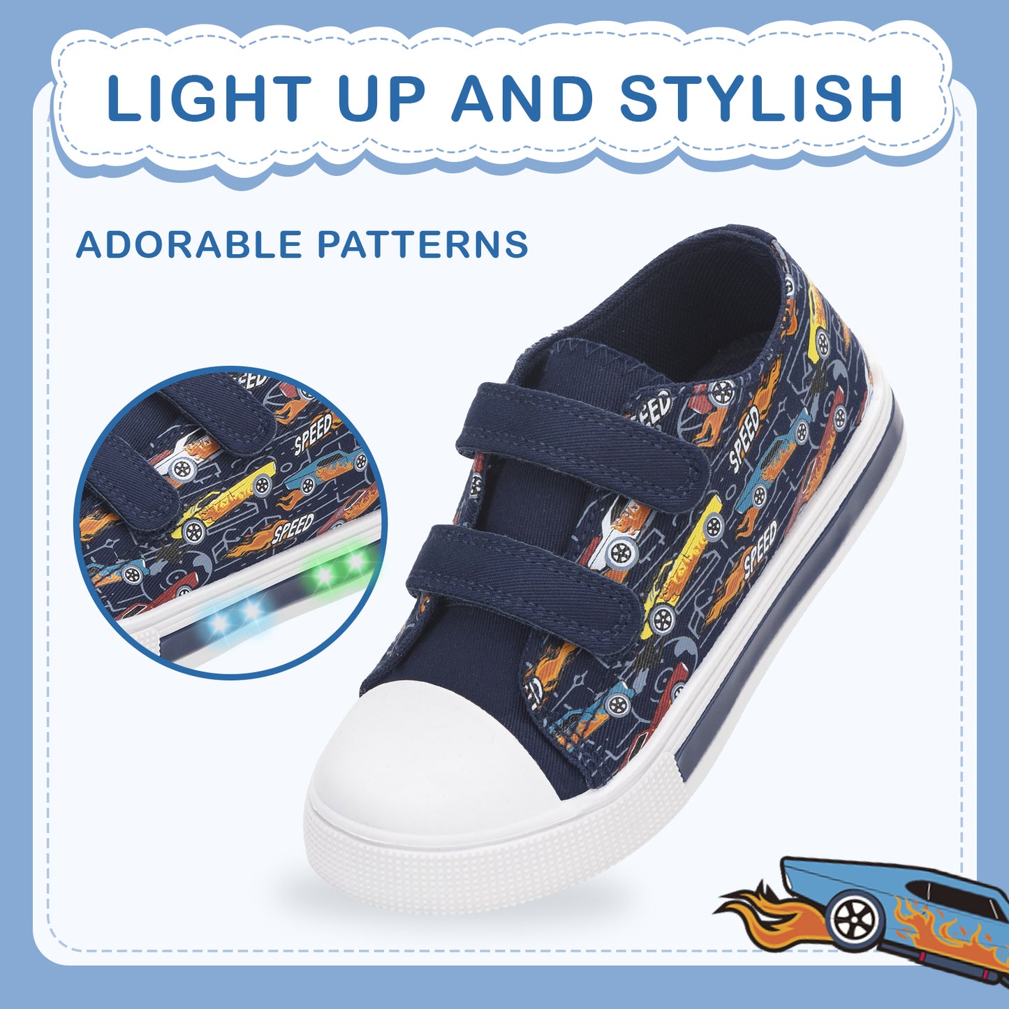 light up navy flame racing dual straps sneakers