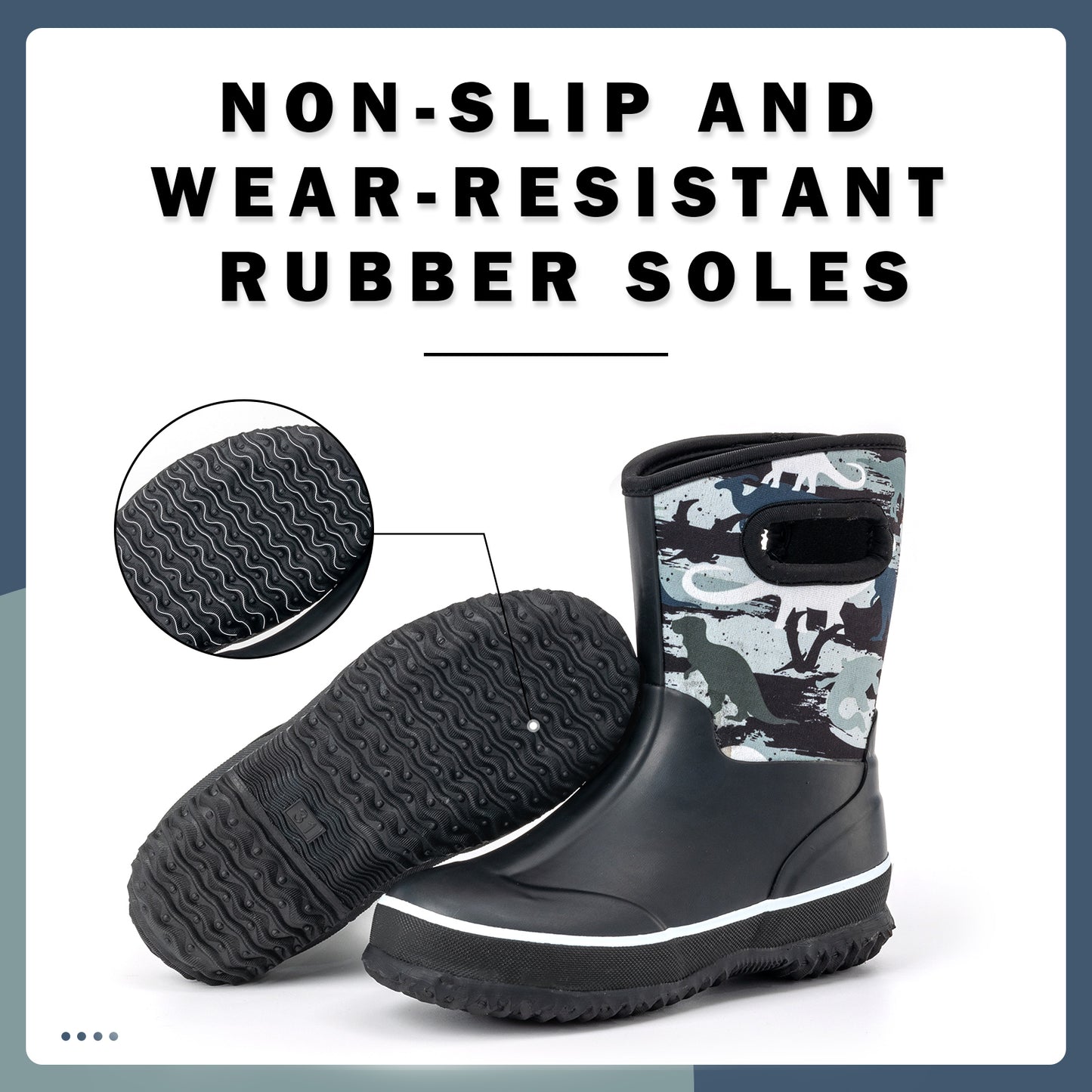 black white dinosaur mud boots