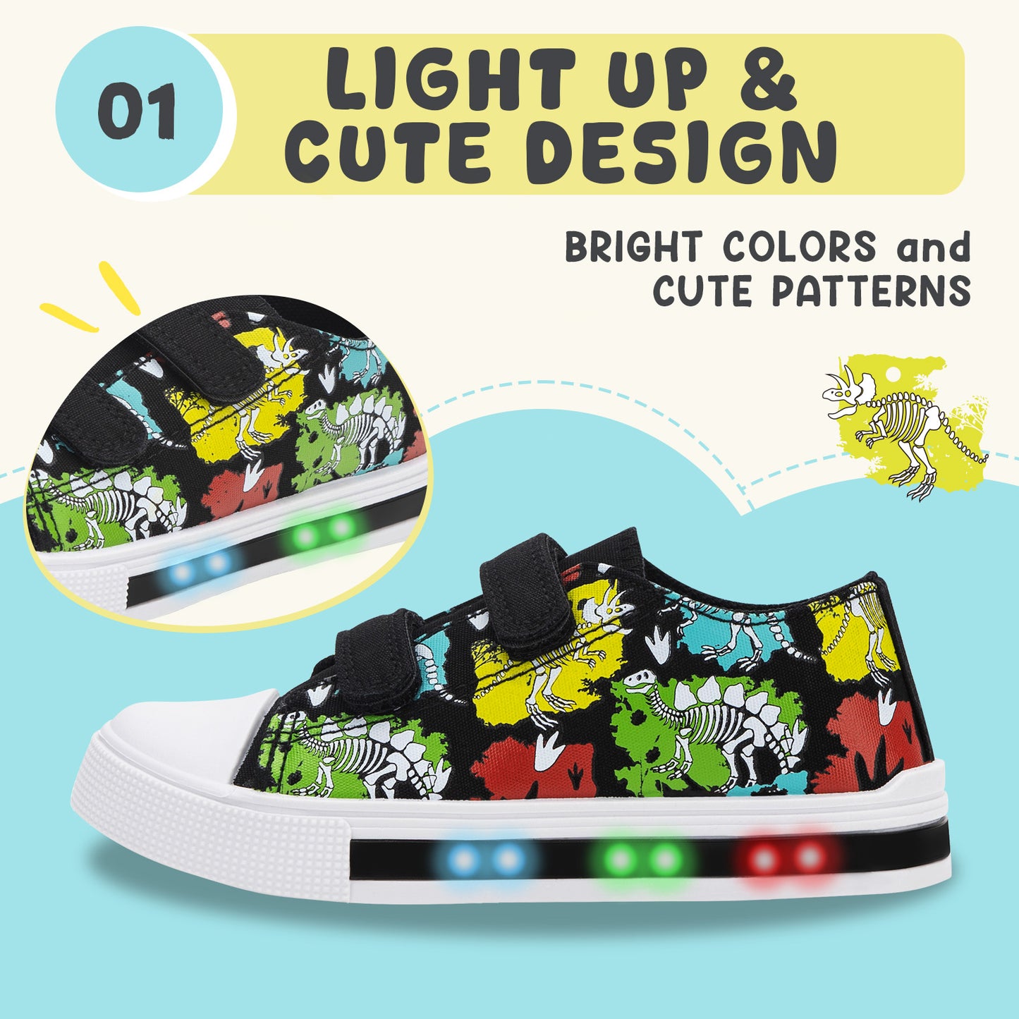 boys girls sneakers black undead dinosaur light up canvas shoes