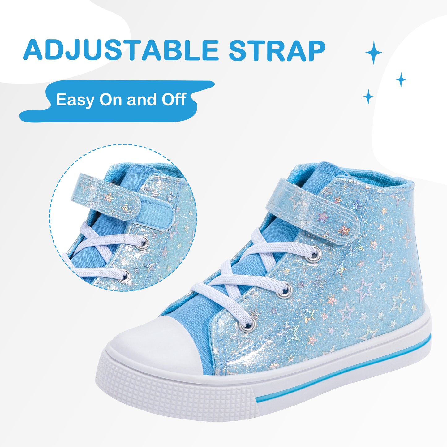 blue high-top sneaker with star pattern and adjustable strap feature on a white background