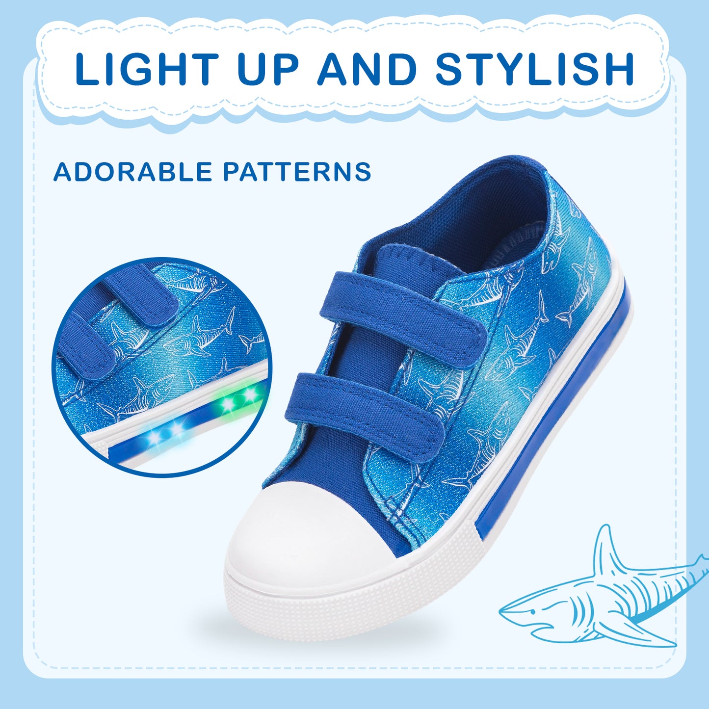 light up blue line shark dual straps sneakers