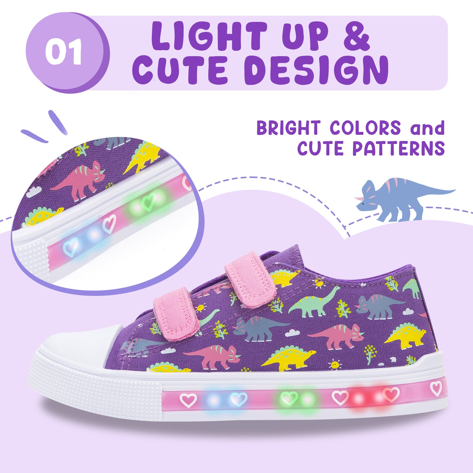 Children's purple sneakers with dinosaur pattern and light-up features on a purple background