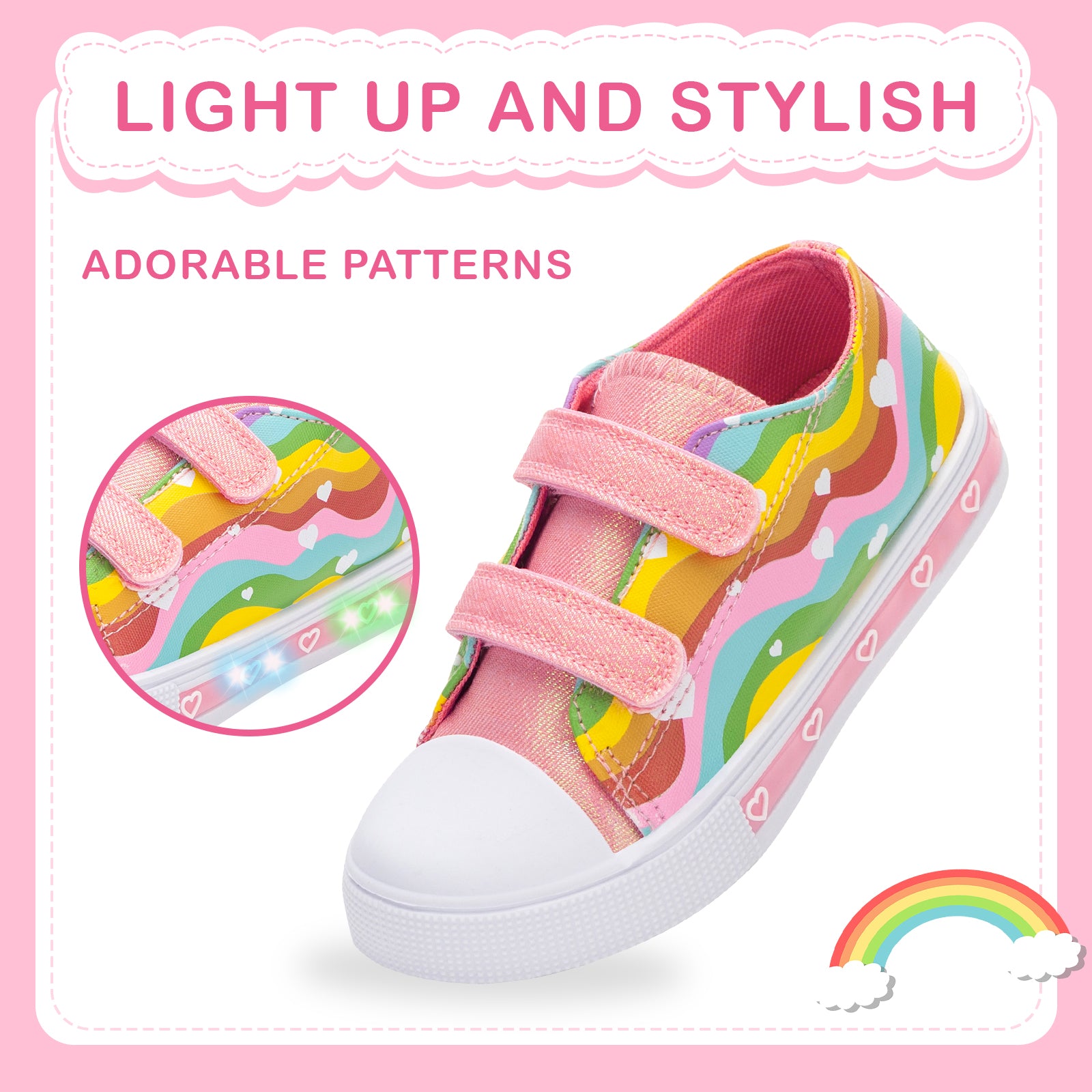 Colorful children's sneaker with rainbow pattern on a pink background