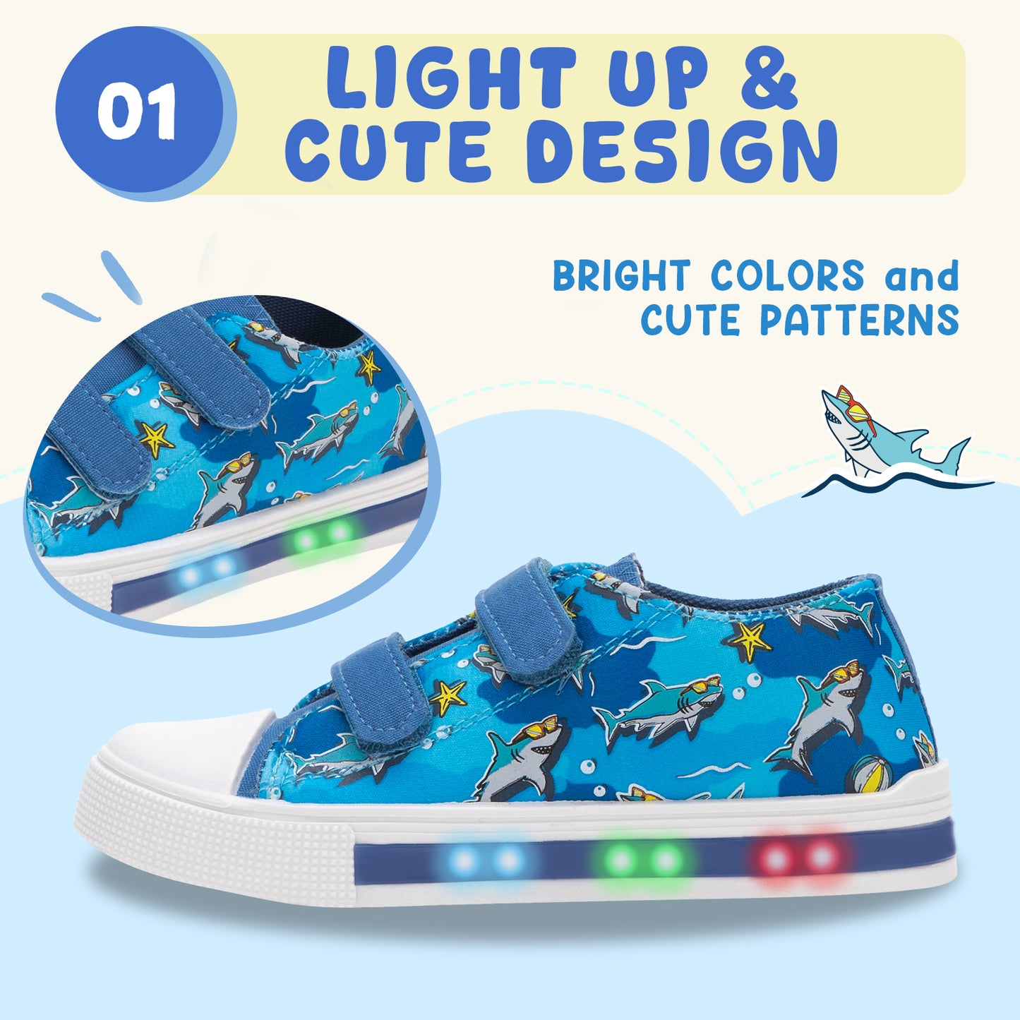 boys girls sneakers spectacled shark light up canvas shoes