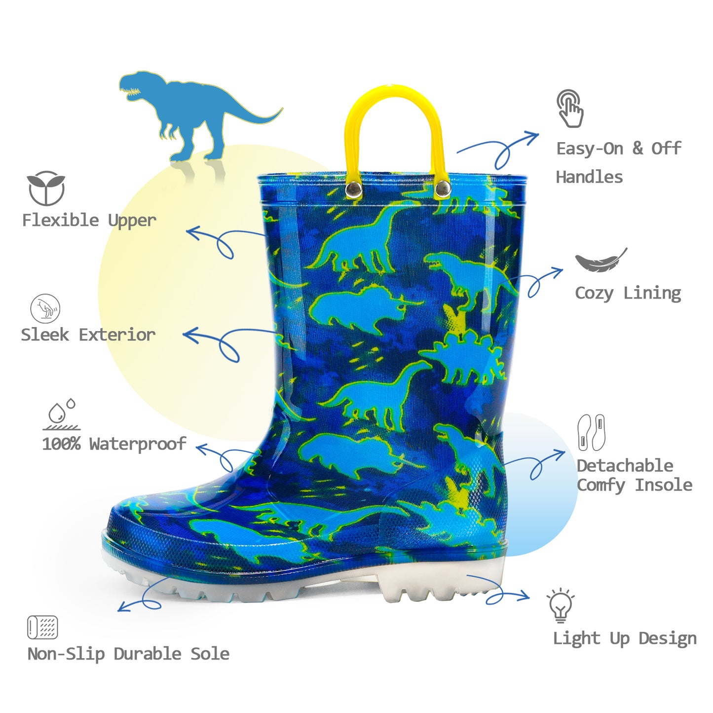 blue dinosaur light up waterproof rain boots