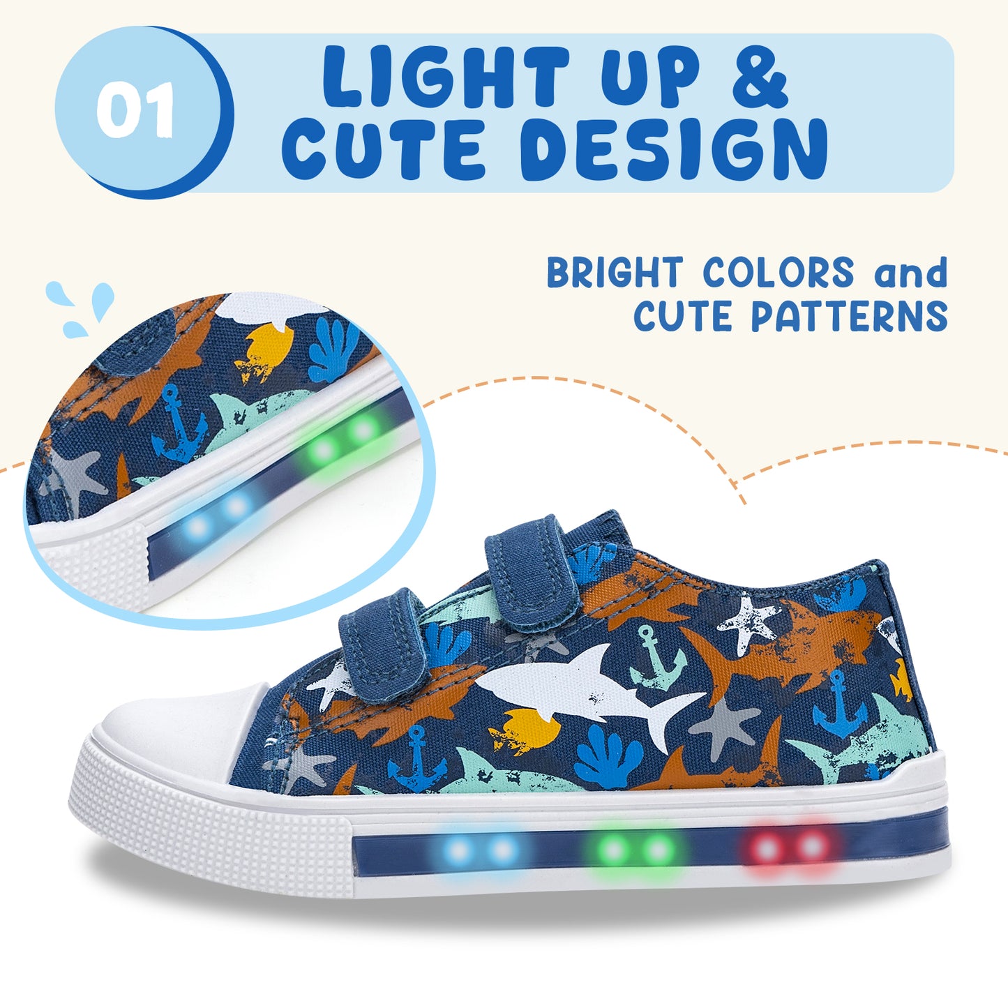 boys girls sneakers broken shark light up canvas shoes