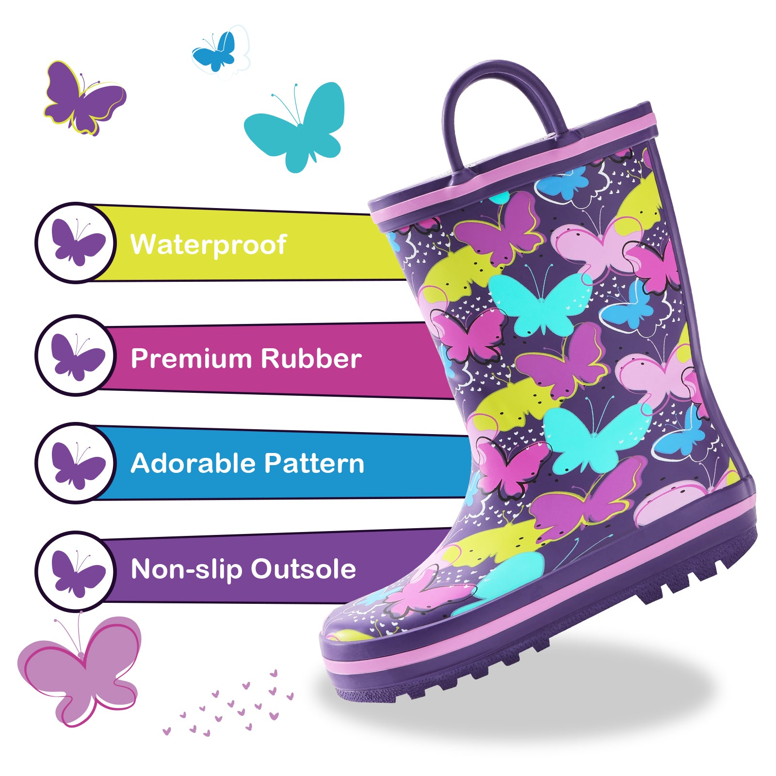 Children's rain boot with butterfly pattern on a white background