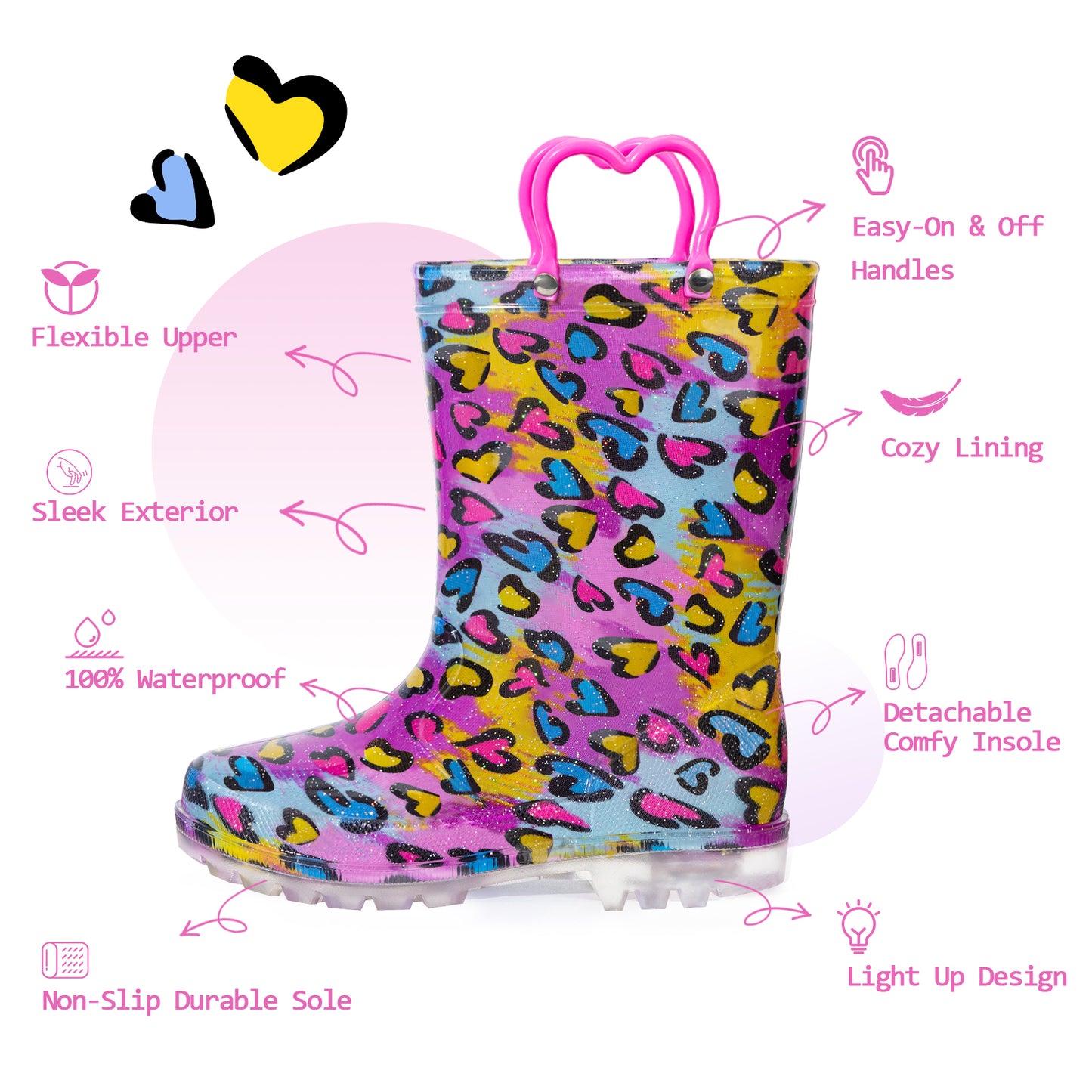 colorful rain boot with heart pattern and features listed on a white background