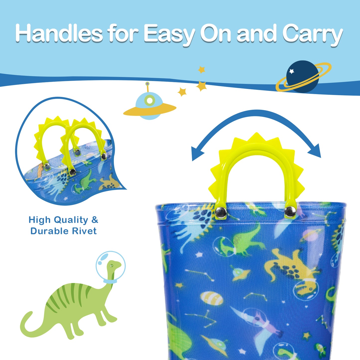 boy space dinosaur light up waterproof rain boots