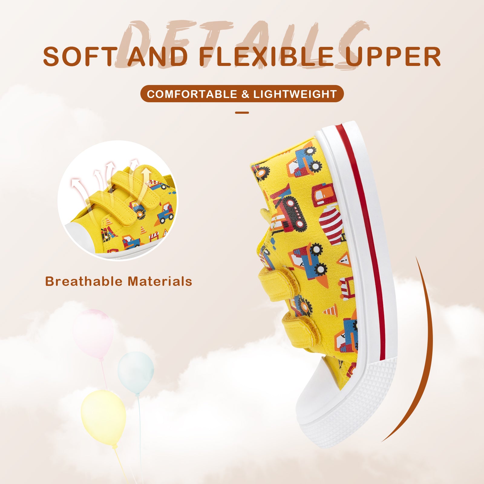 Yellow children's shoes with colorful patterns on a beige background