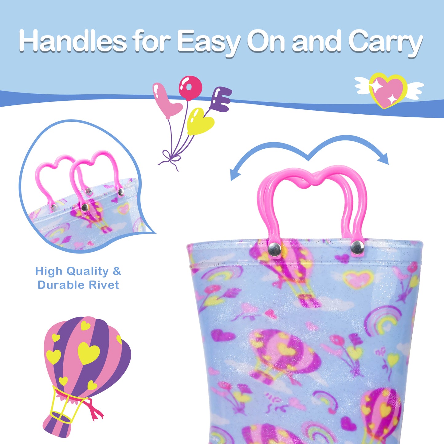 blue hot air balloon light up waterproof rain boots