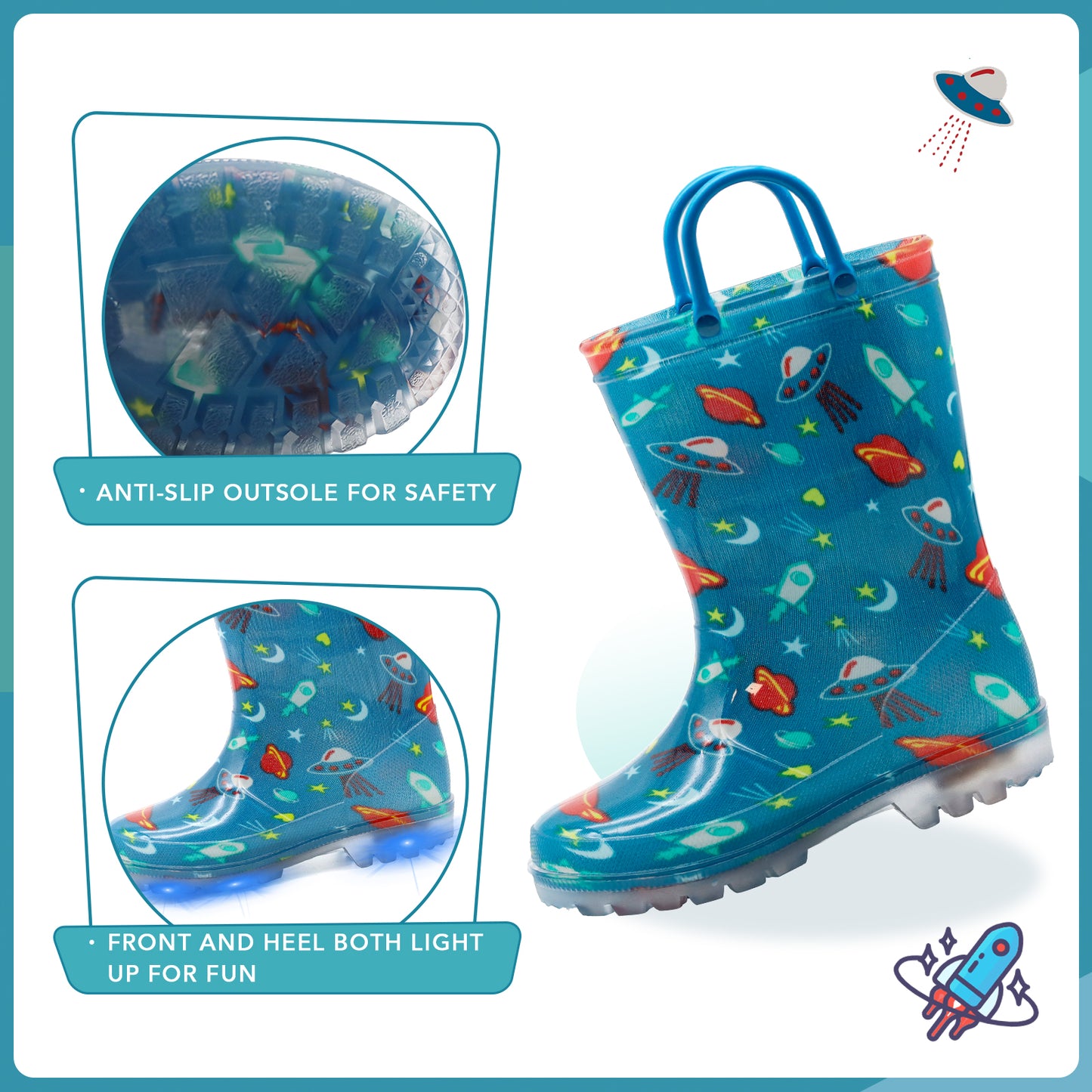 light up teal blue space rain boots