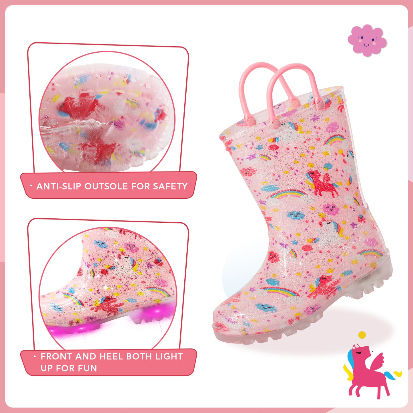light up glitter pink unicorn kids rain boots with handles