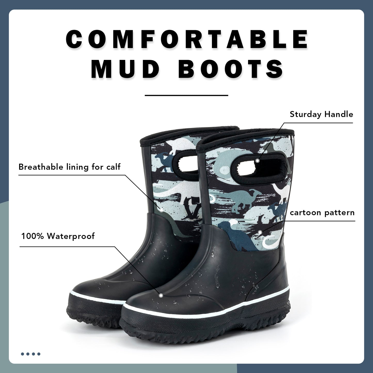 black white dinosaur mud boots
