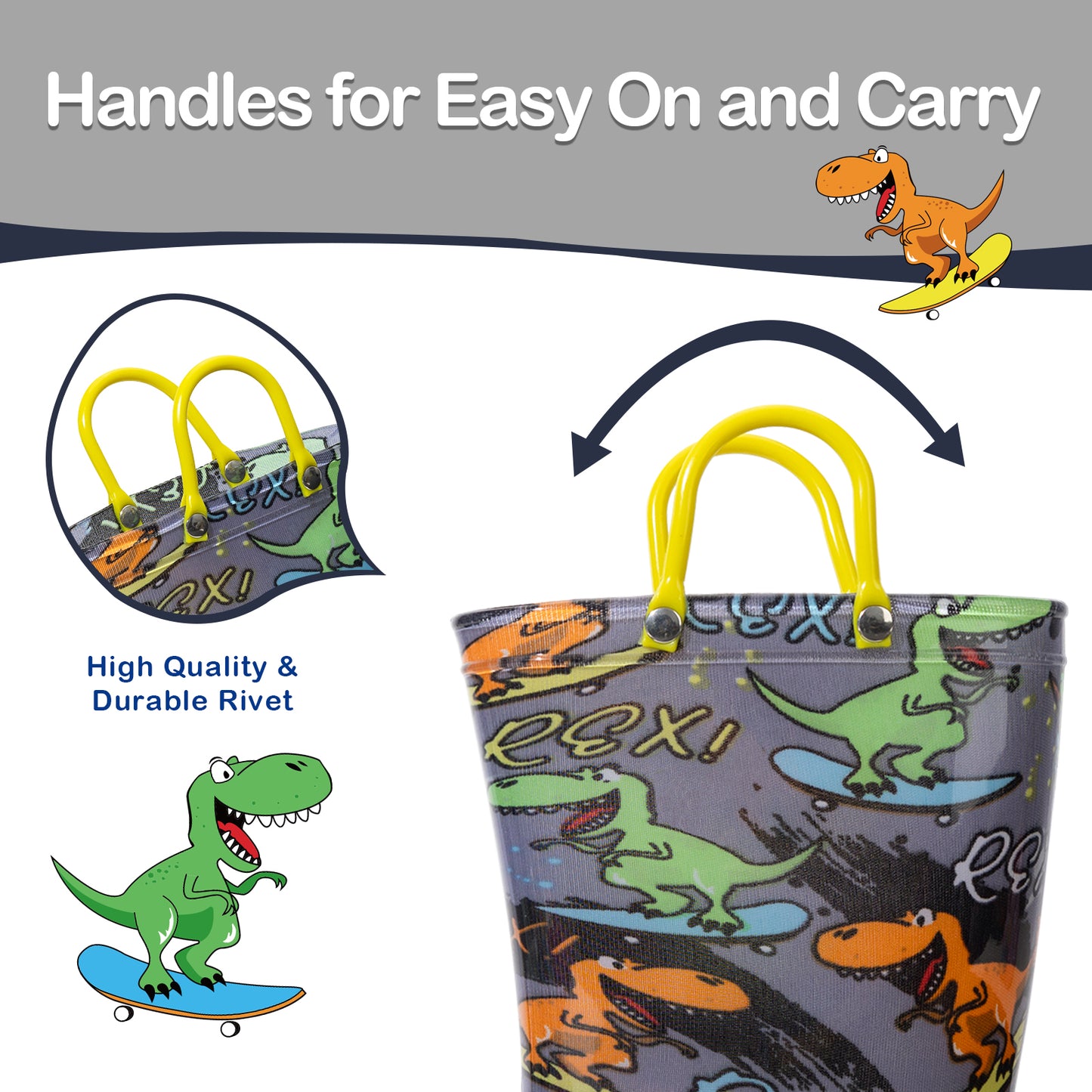 children's bag with dinosaur design and handles for easy on and carry, featuring high-quality rivets.