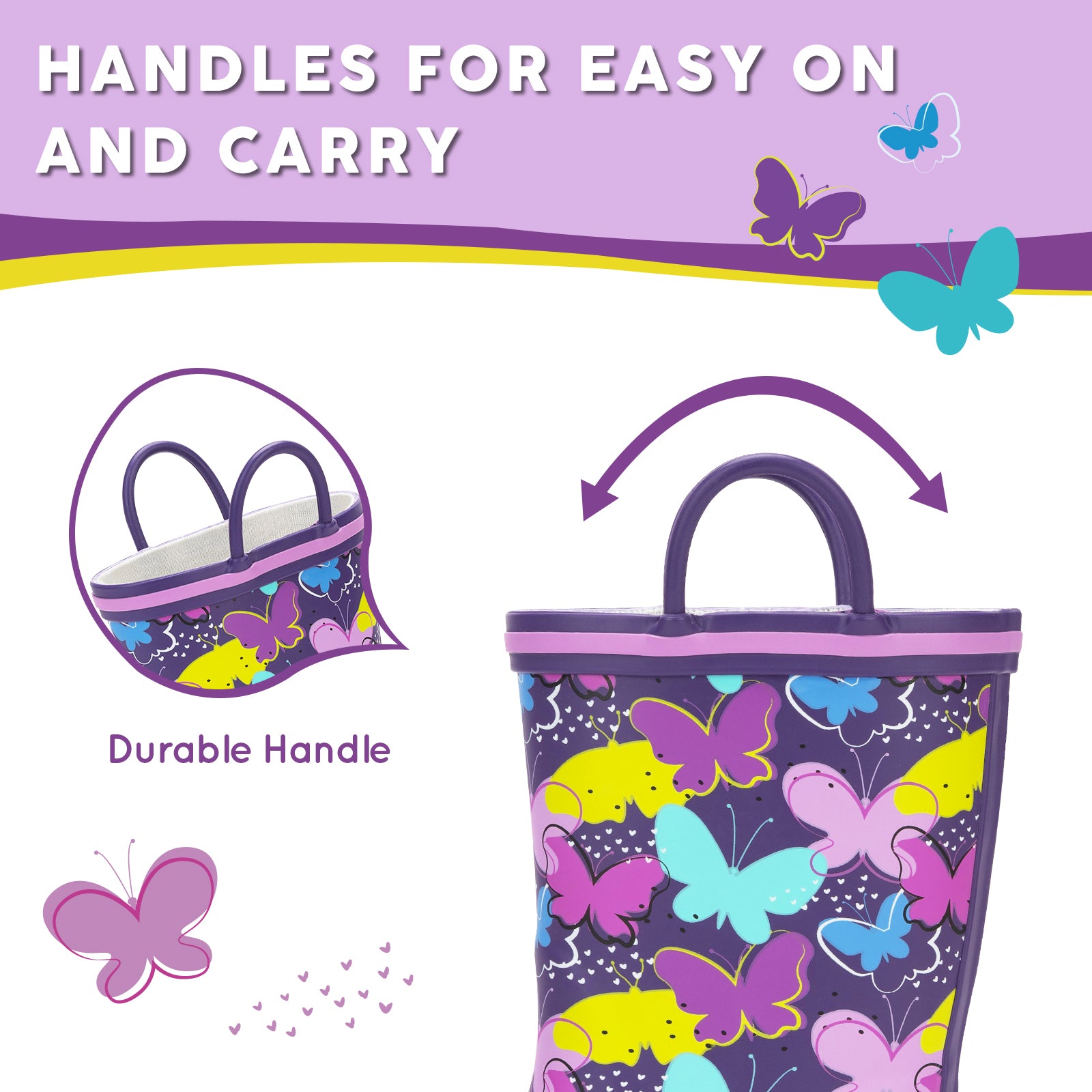 Children's raincoat with butterfly design and handles for easy on and carry, on a white background.