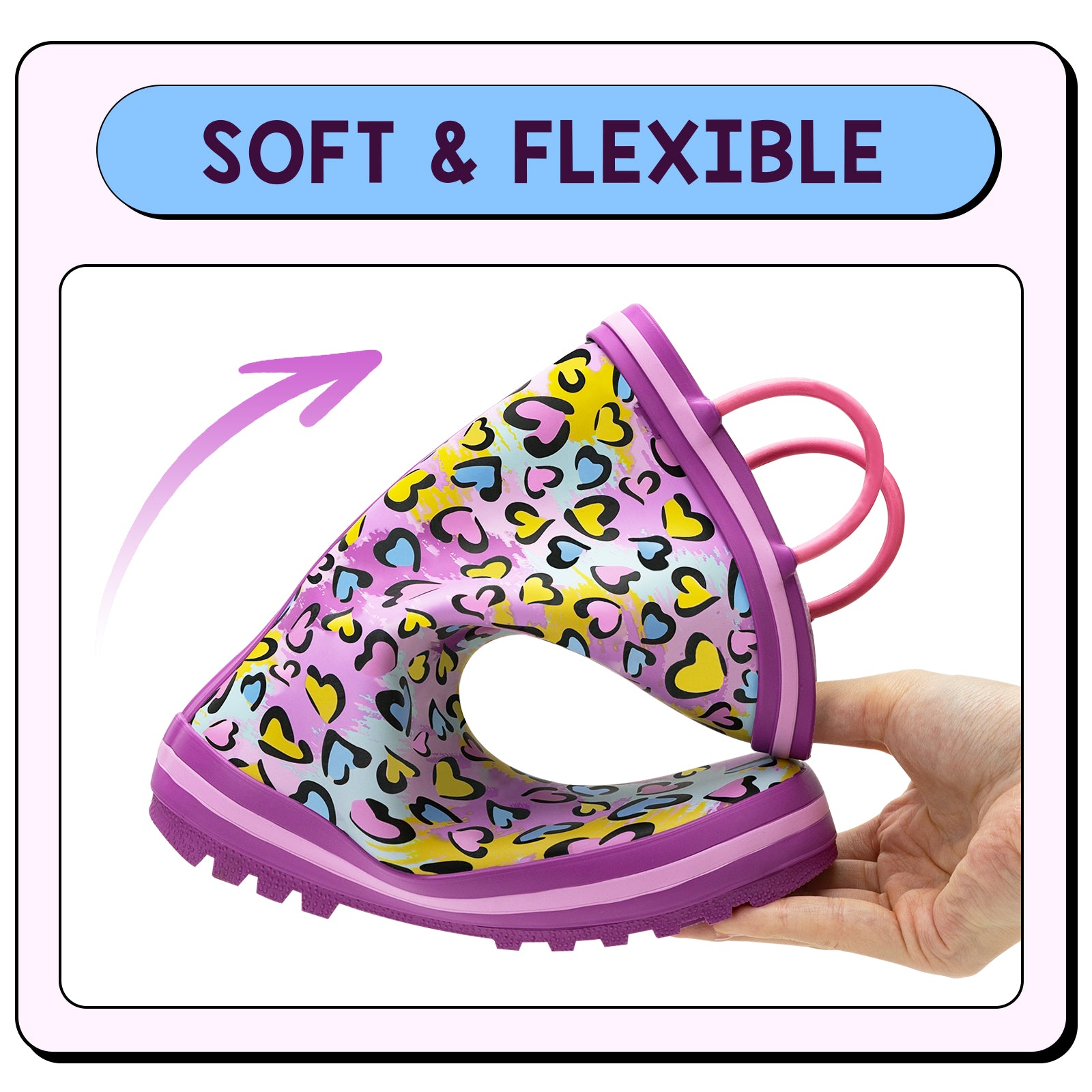 Pink rain boots with colorful pattern held by a hand, labeled 'Soft & Flexible'.