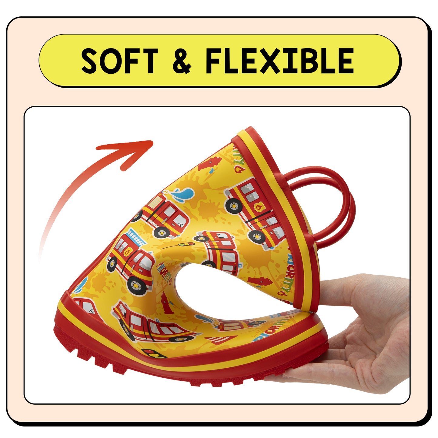 yellow and red inflatable neck ring with cartoon designs, held by a hand, on a beige background with 'soft & flexible' text.