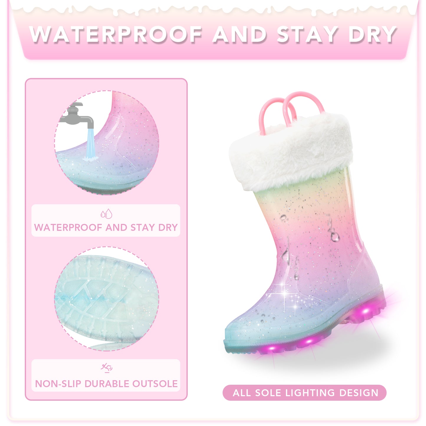light up pink warm rain boots