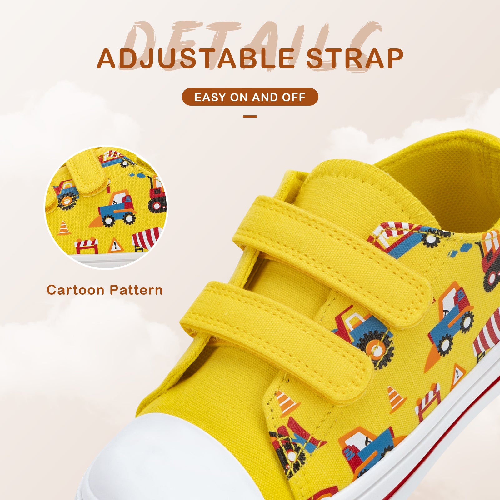 Yellow children's shoes with cartoon pattern and adjustable strap on a light background