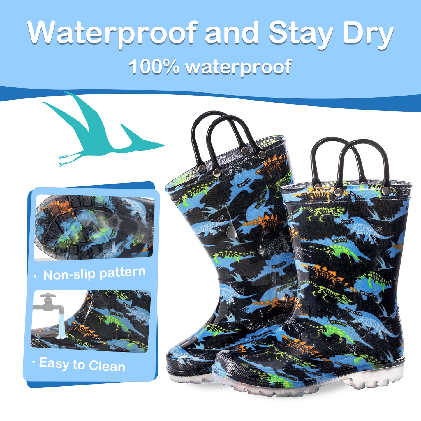 light up kids rain boots with handles - funcoo