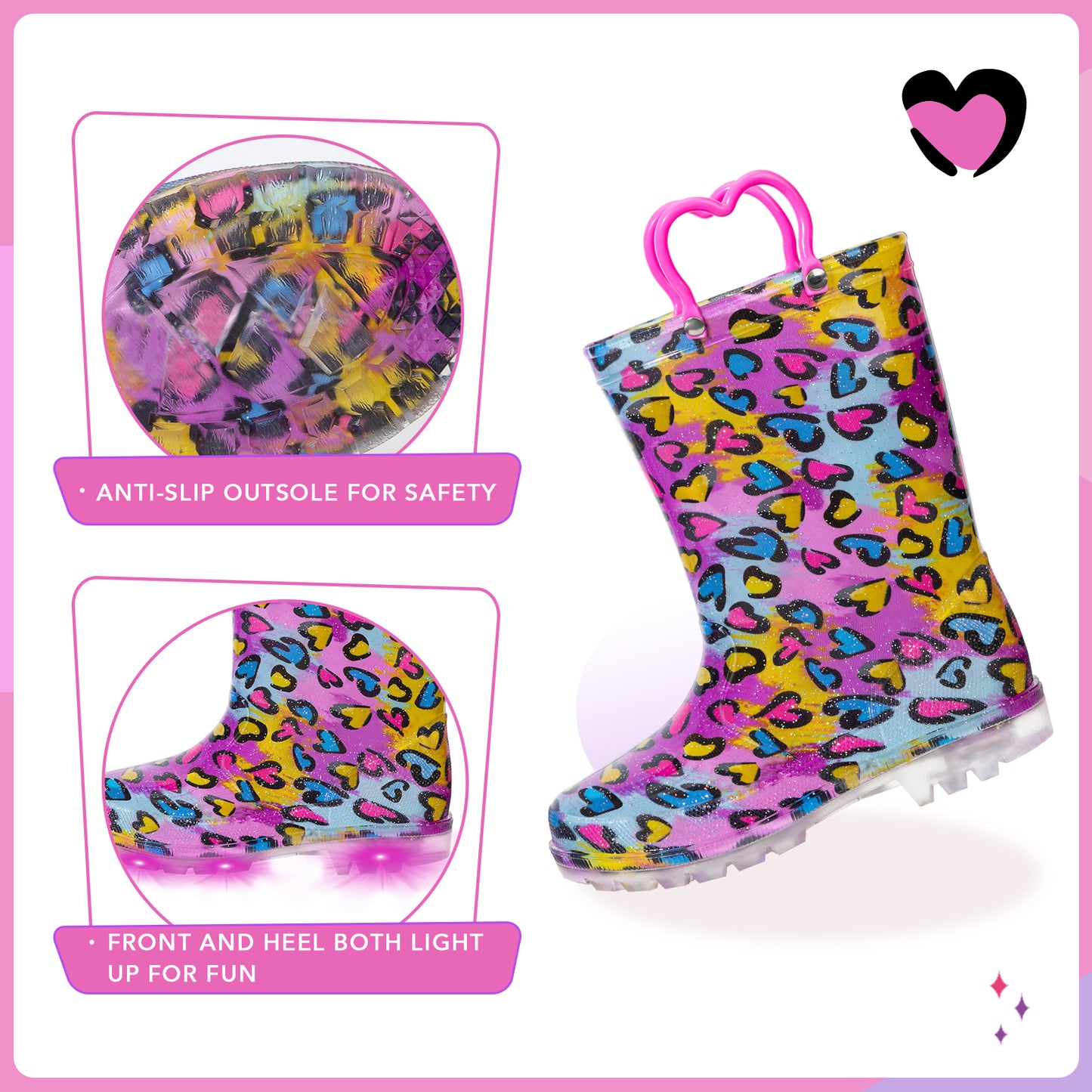 colorful rain boot with heart pattern on a pink background
