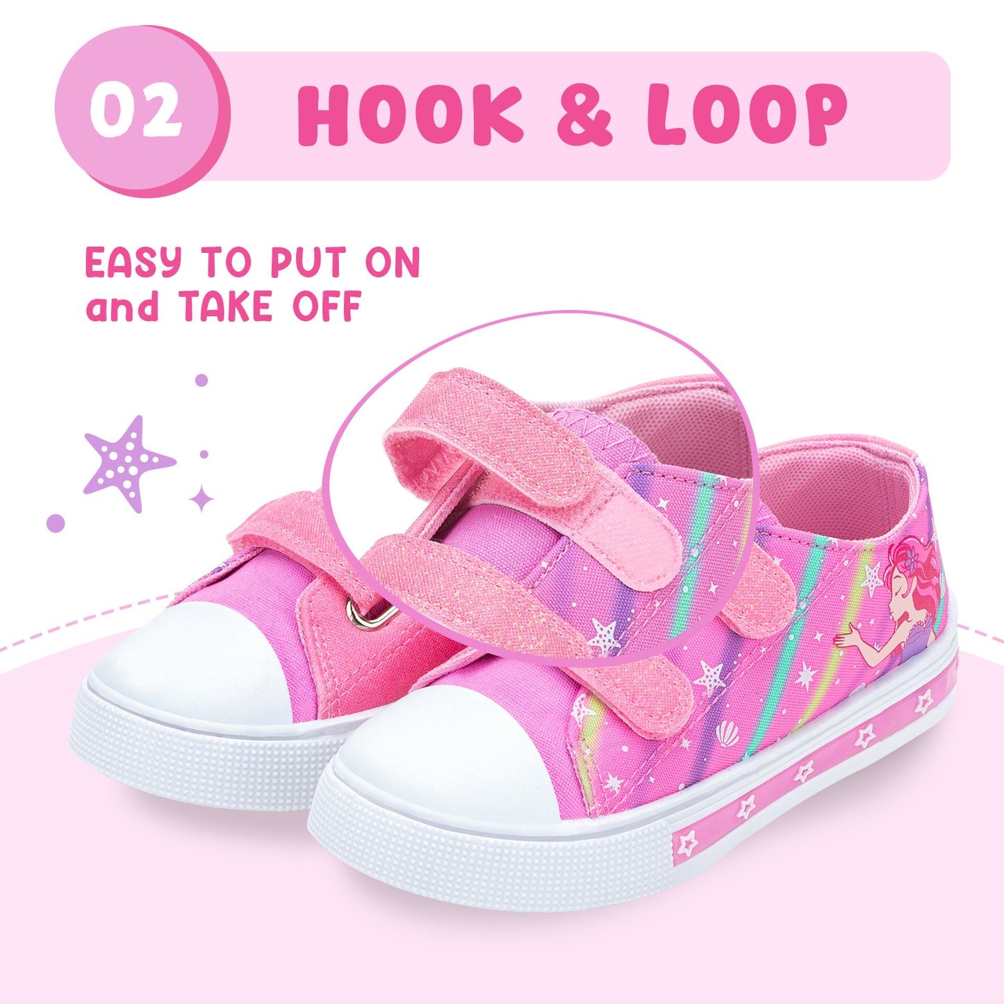 pink children's sneakers with hook and loop straps on a pink background