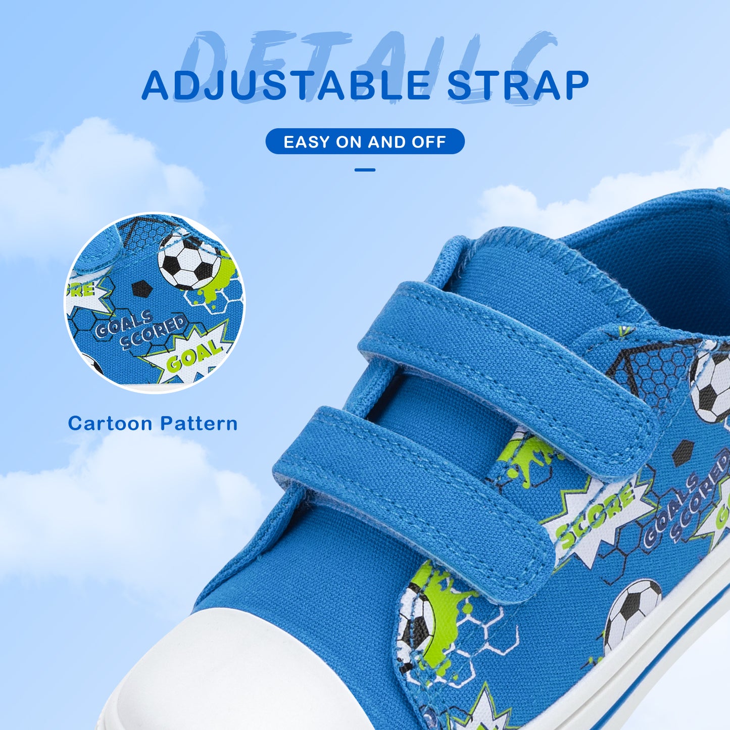 blue children's shoe with adjustable strap and soccer pattern on a blue background