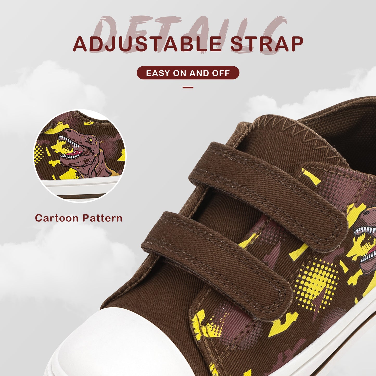 brown children's shoe with yellow dinosaur pattern and adjustable strap on a white background