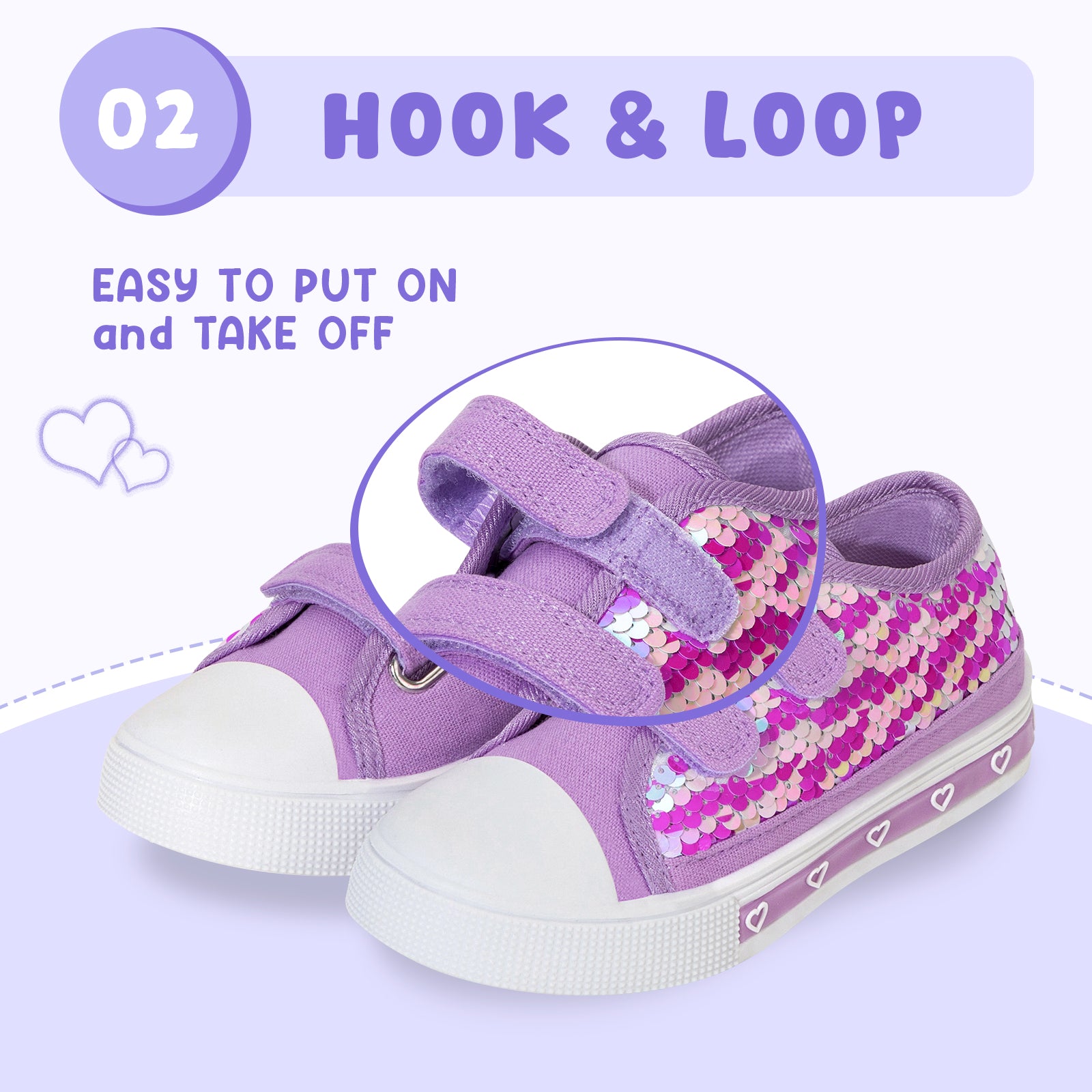 Purple children's sneakers with floral pattern and white soles on a light purple background.