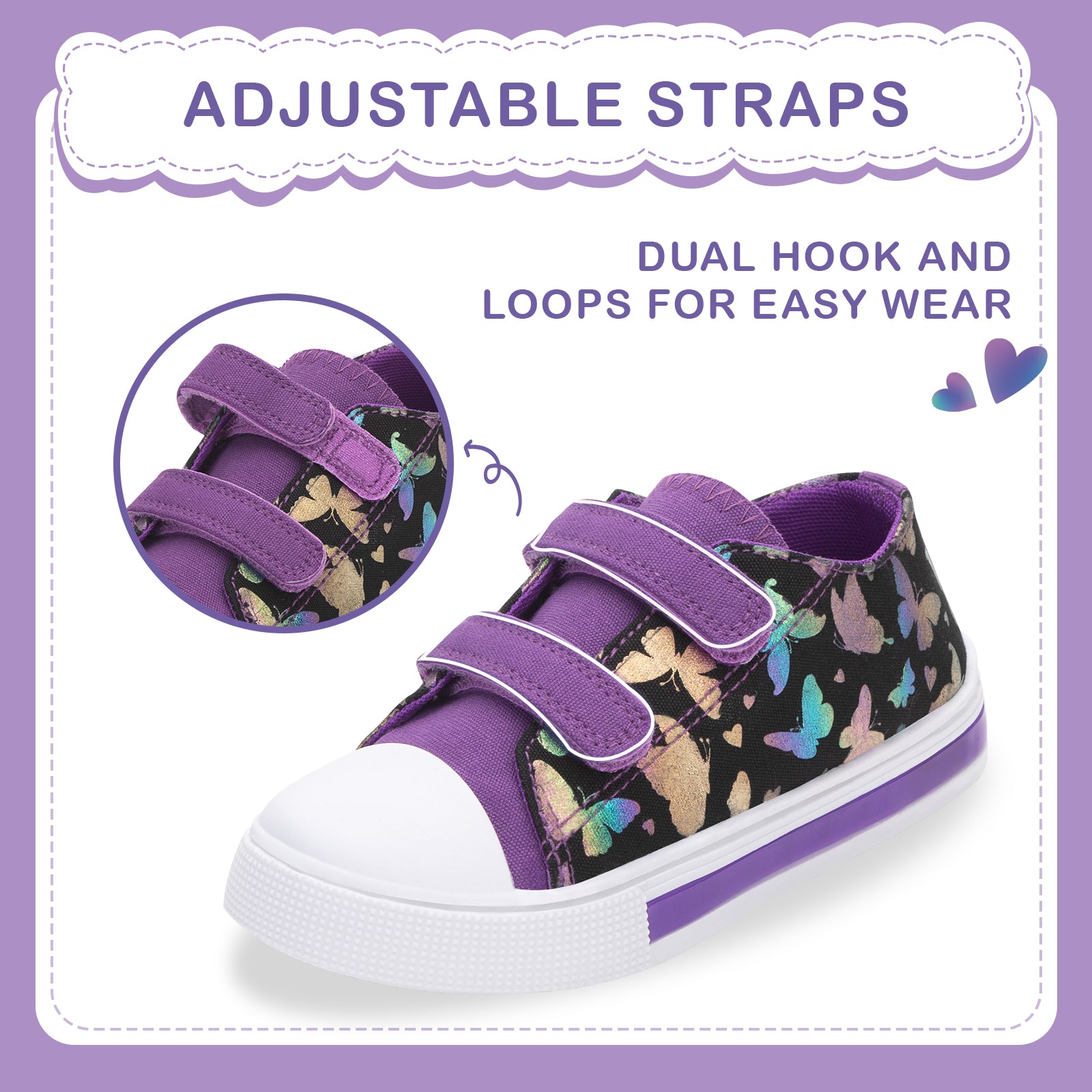 Purple children's shoe with butterfly pattern and adjustable straps on a purple background
